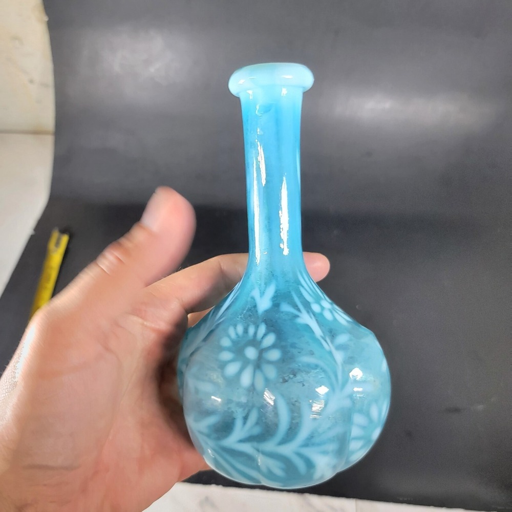 Antique Blue Glass Fenton? spanish lace opalescent daisy & fern barber bottle - Picture 5 of 8